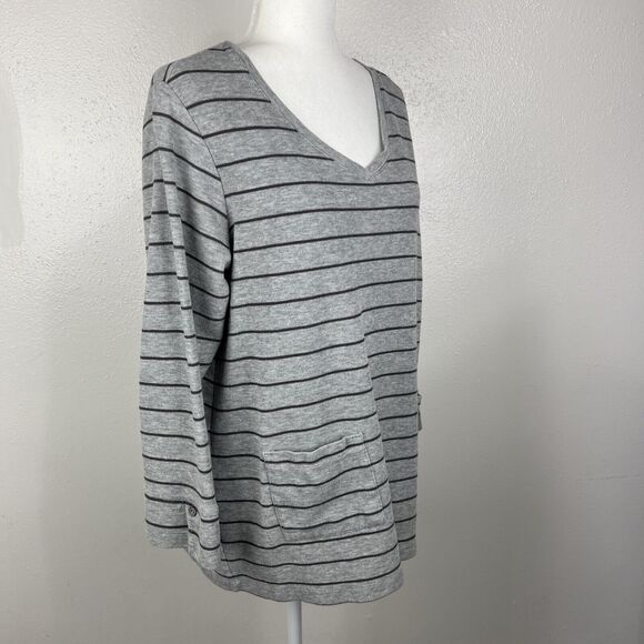 J Jill Sweater Women Extra Large Grey Striped Knit V-Neck Pullover Front Pockets - Picture 3 of 13